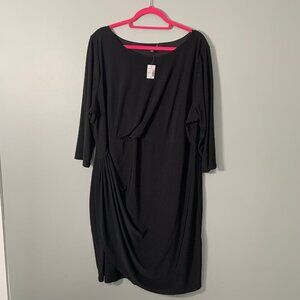 NEW Roz & Ali Black Faux Wrap Ruched Sheath Dress Plus‎ Size 3X 3/4 Sleeve